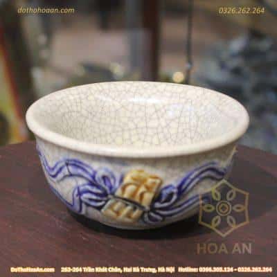 Bát Thờ Men Đắp Rạn Nổi Cuốn Thư/Đào