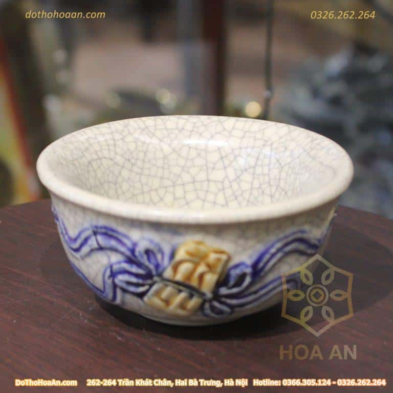 Bát Thờ Men Đắp Rạn Nổi Cuốn Thư/Đào