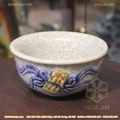 Bát Thờ Men Đắp Rạn Nổi Cuốn Thư/Đào