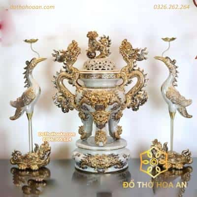 Bộ Tam Sự Đỉnh Hạc Men Rạn Dát Vàng