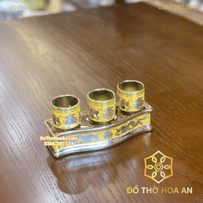 Khay Nước 3 Chén Men Vàng Kim Sa