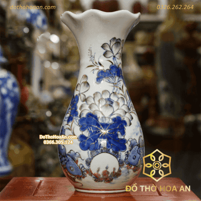 Lọ Hoa Miệng Loe Men Lam Vẽ Vàng 24K – 4