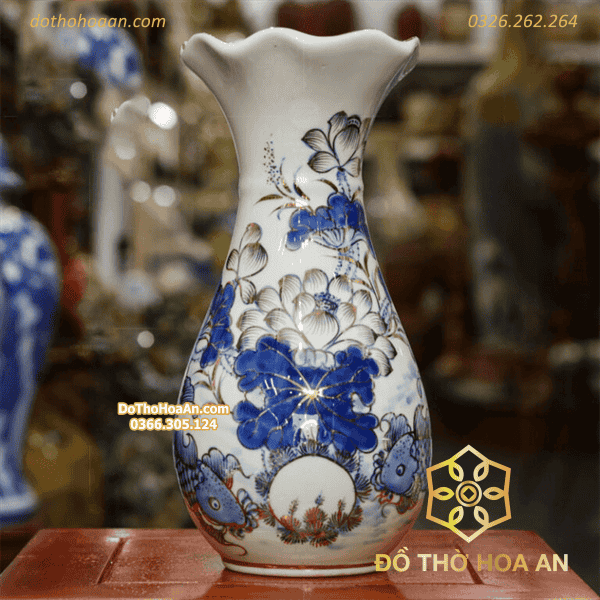 Lọ Hoa Miệng Loe Men Lam Vẽ Vàng 24K