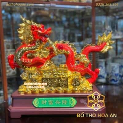 Tượng Rồng Đỏ Cuộn Rương Vàng