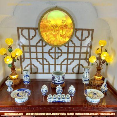 Bộ Đồ Thờ Thần Linh Men Lam Vẽ Vàng 24K BTL02
