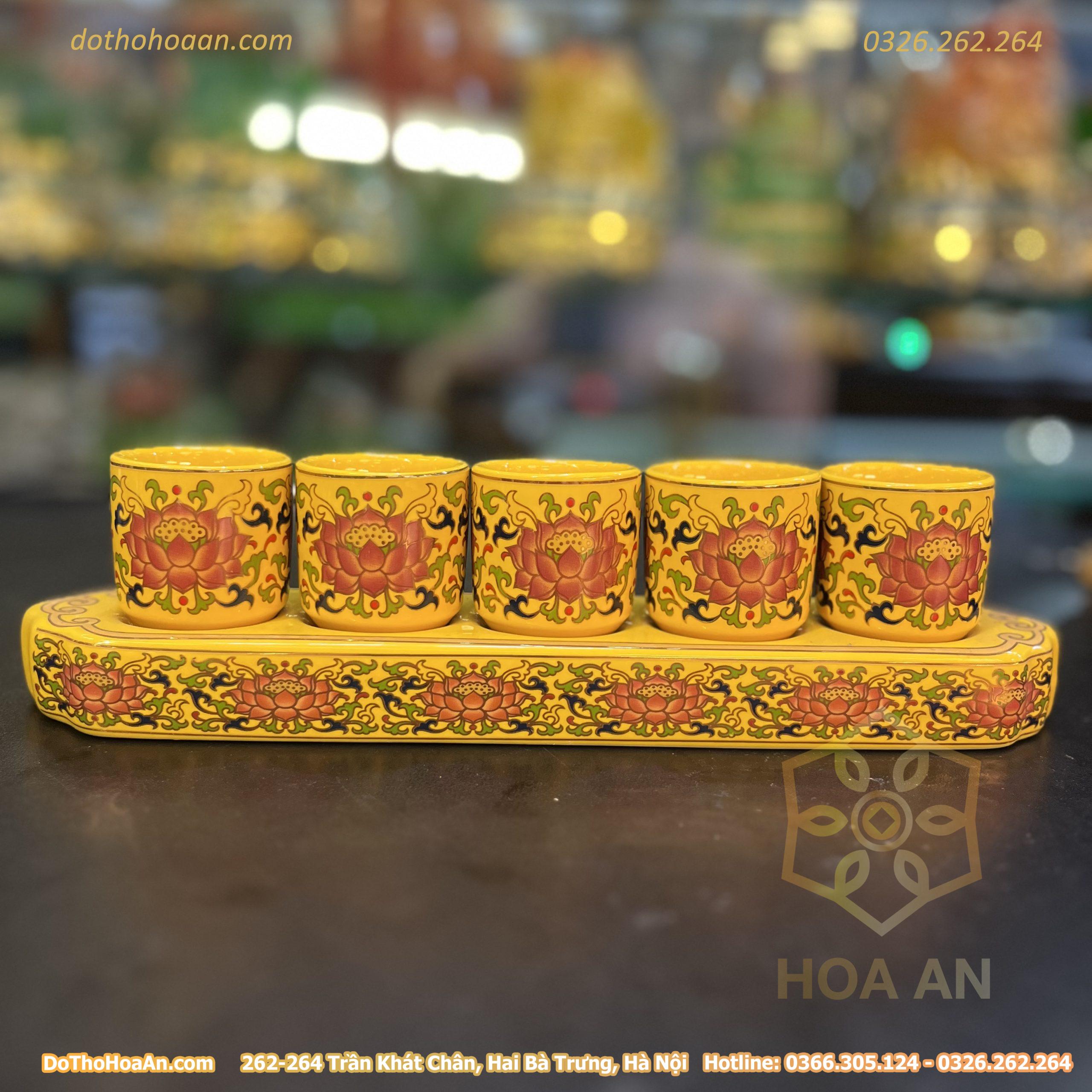 Khay Nước 5 Chén Gấm Vàng