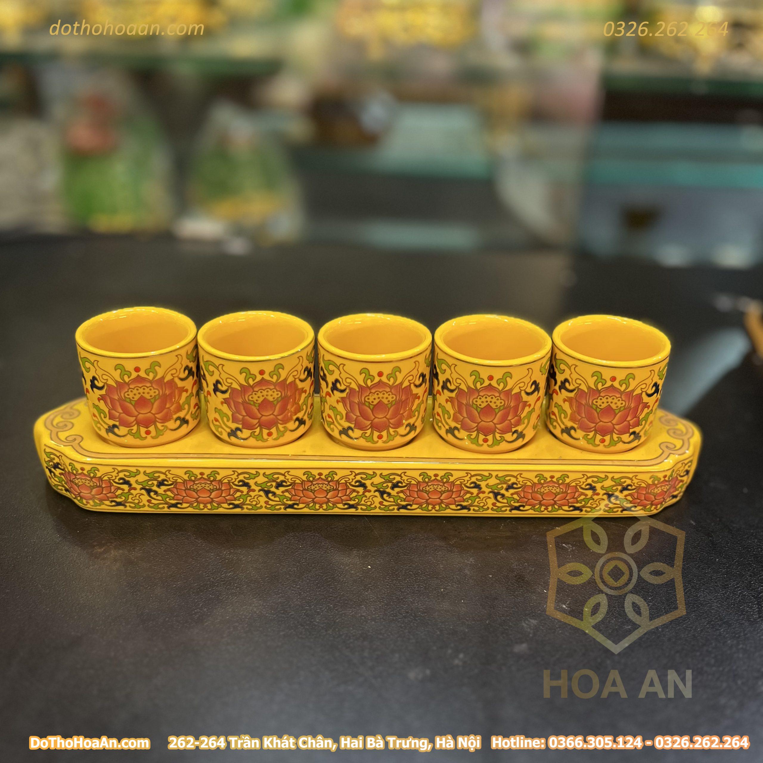 Khay Nước 5 Chén Gấm Vàng