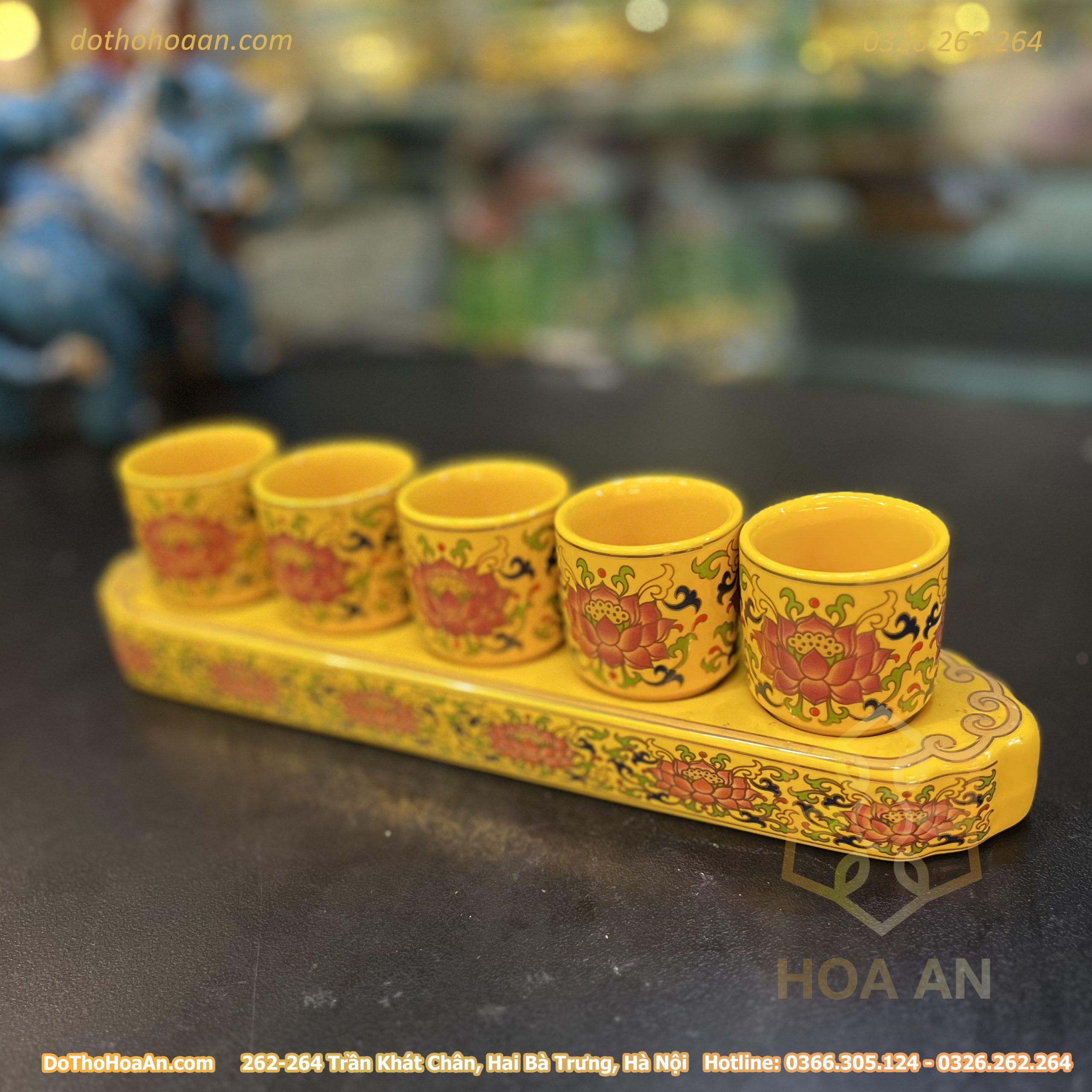 Khay Nước 5 Chén Gấm Vàng
