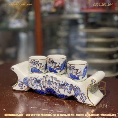 Kỷ Ngai 3 Chén Men Lam Vẽ Vàng 24K
