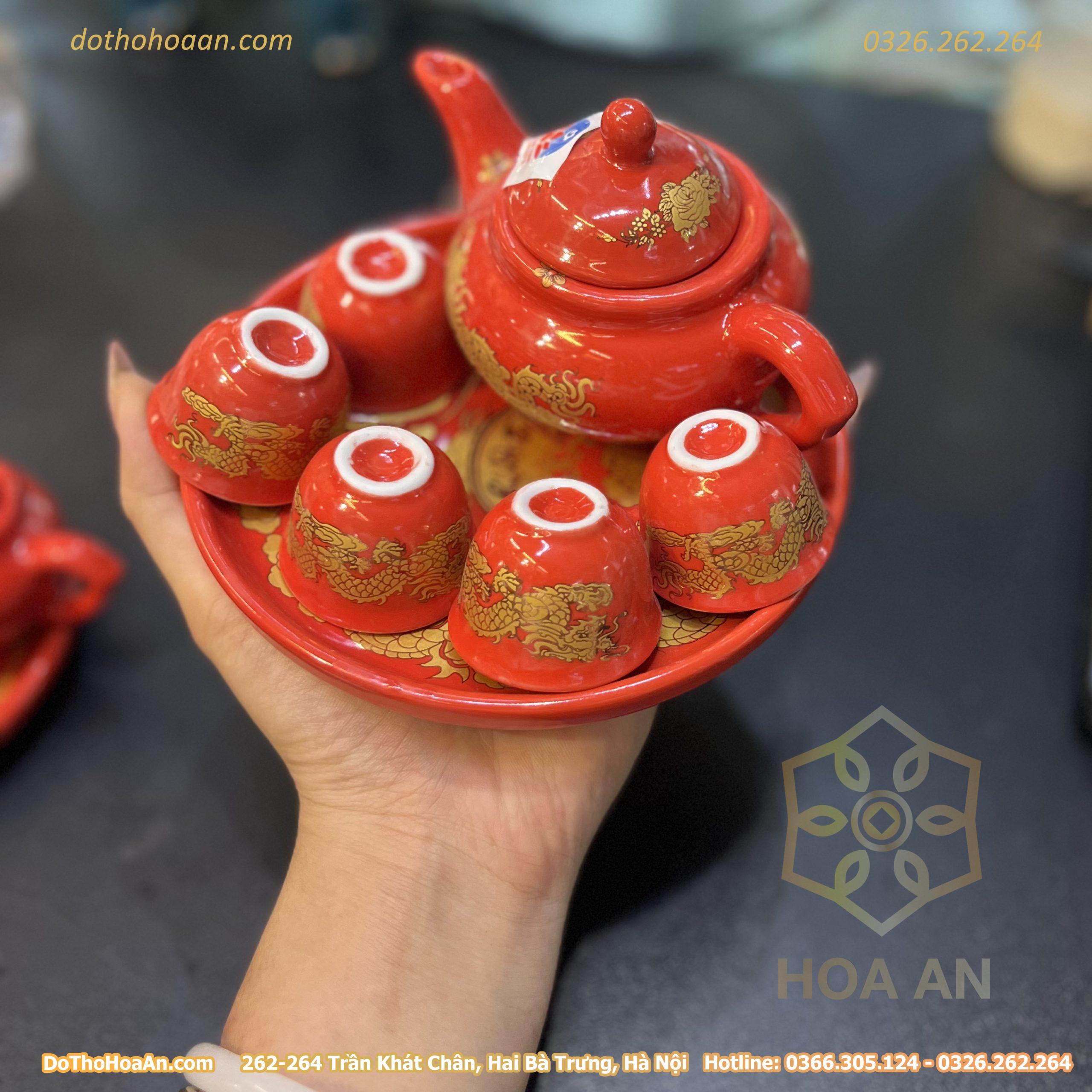 Bộ Ấm Chén Trà Thờ Sứ Men Đỏ Bát Tràng