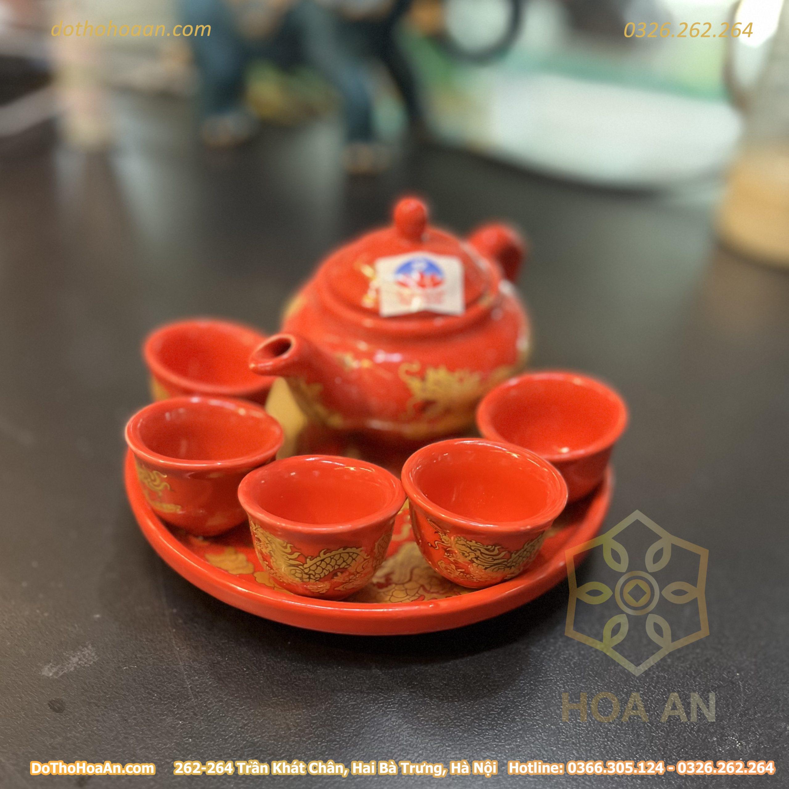 Bộ Ấm Chén Trà Thờ Sứ Men Đỏ Bát Tràng