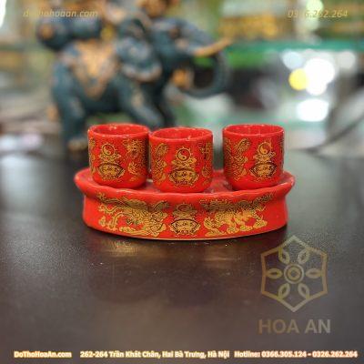 Kỷ / Khay 3 Chén Sứ Men Đỏ Bát Tràng