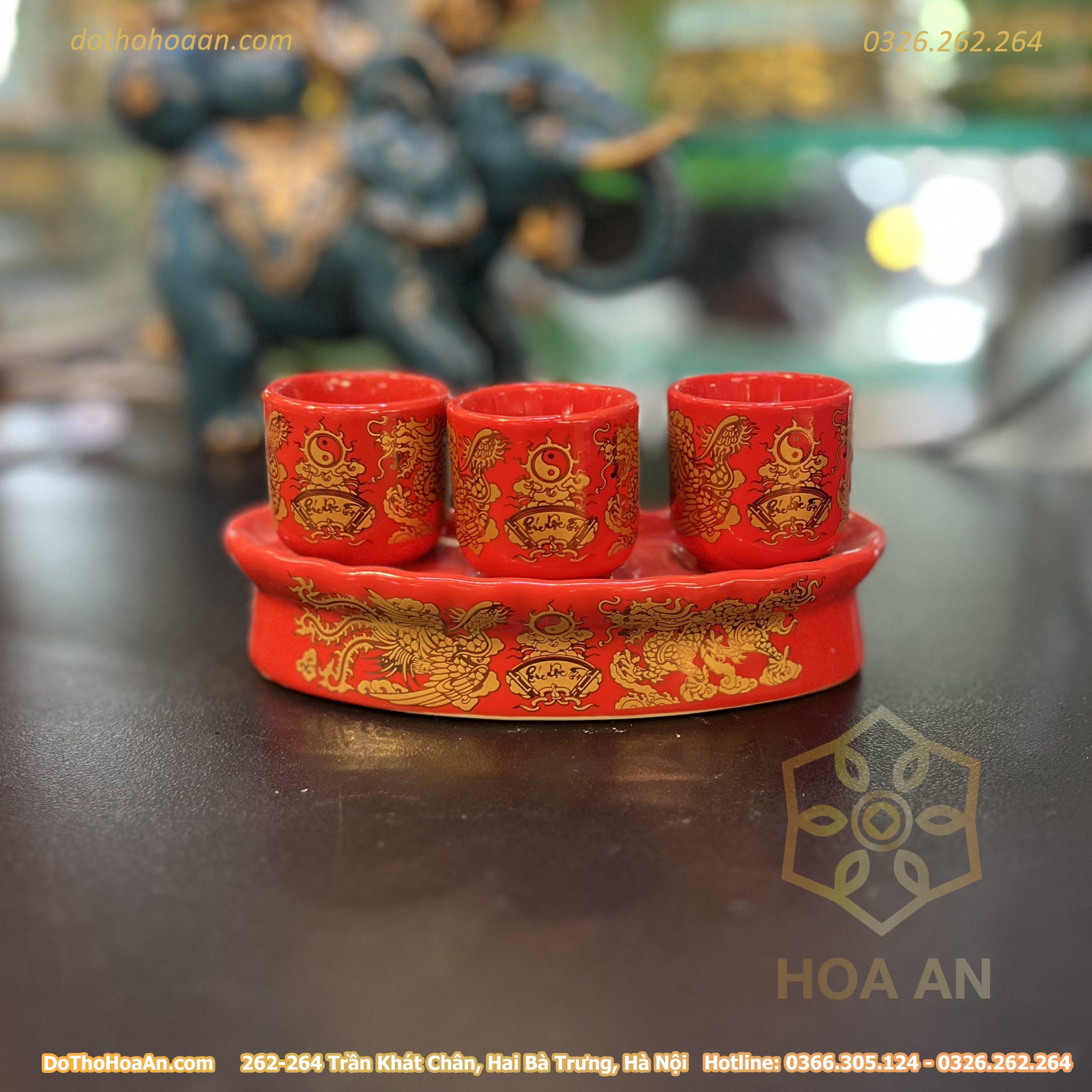 Kỷ / Khay 3 Chén Sứ Men Đỏ Bát Tràng
