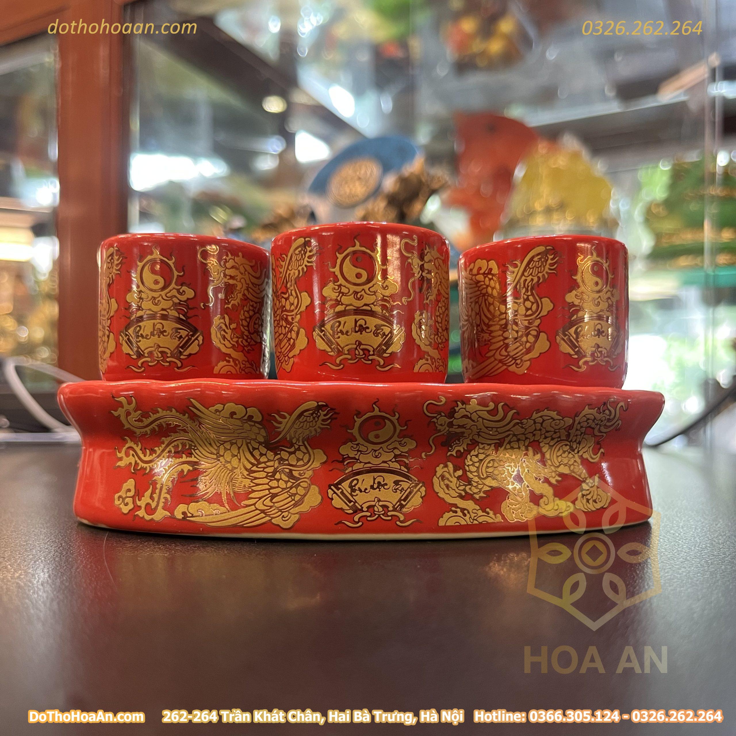 Kỷ / Khay 3 Chén Sứ Men Đỏ Bát Tràng