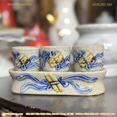 Khay/ Kỷ Nước 3 Chén Men Rạn Đắp Nổi