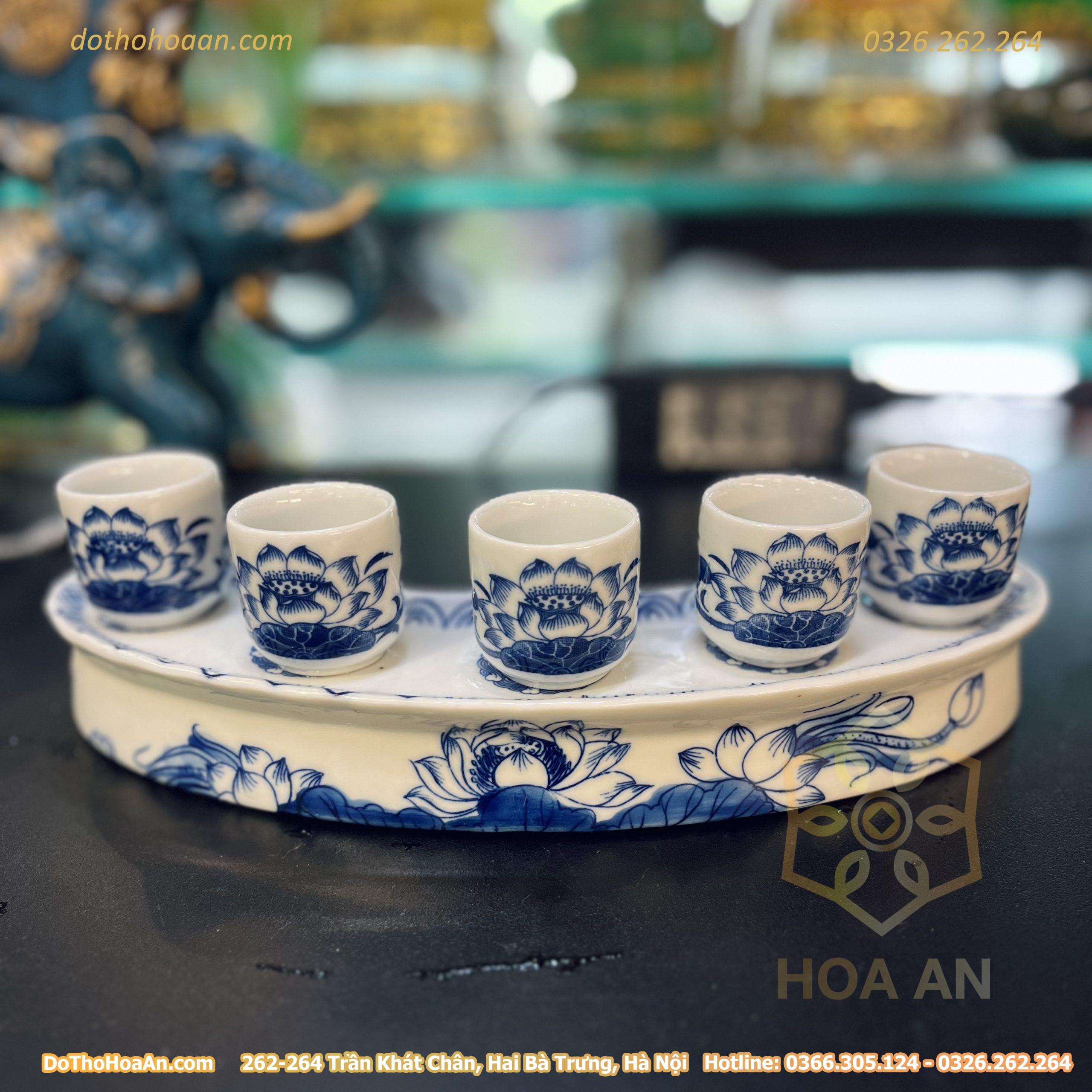 Khay/ Kỷ Nước 5 Chén Hoa Sen Men Lam