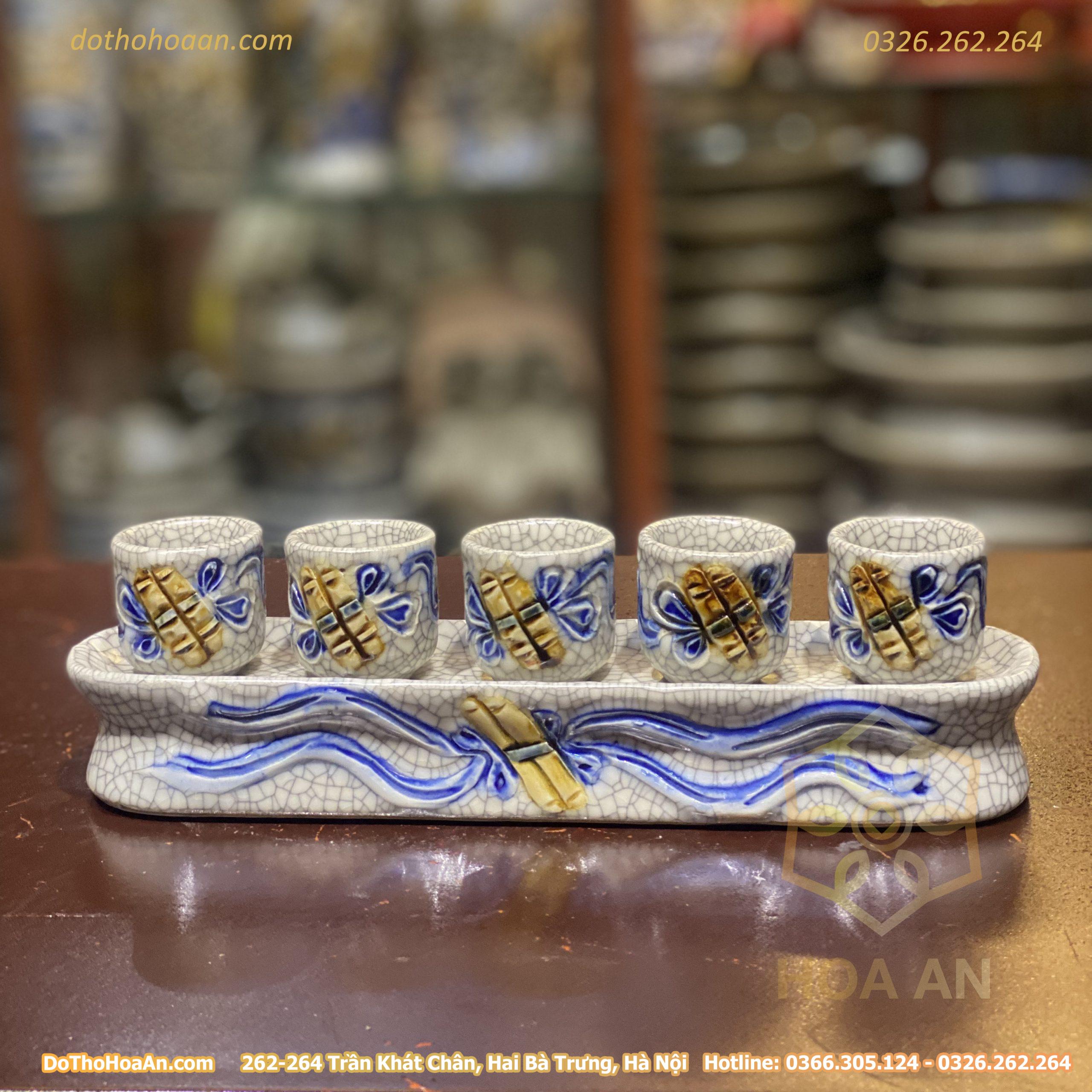 Khay Kỷ Nước 5 Chén Men Rạn Đắp Nổi (7) Khay/ Kỷ Nước 5 Chén Men Rạn Đắp Nổi