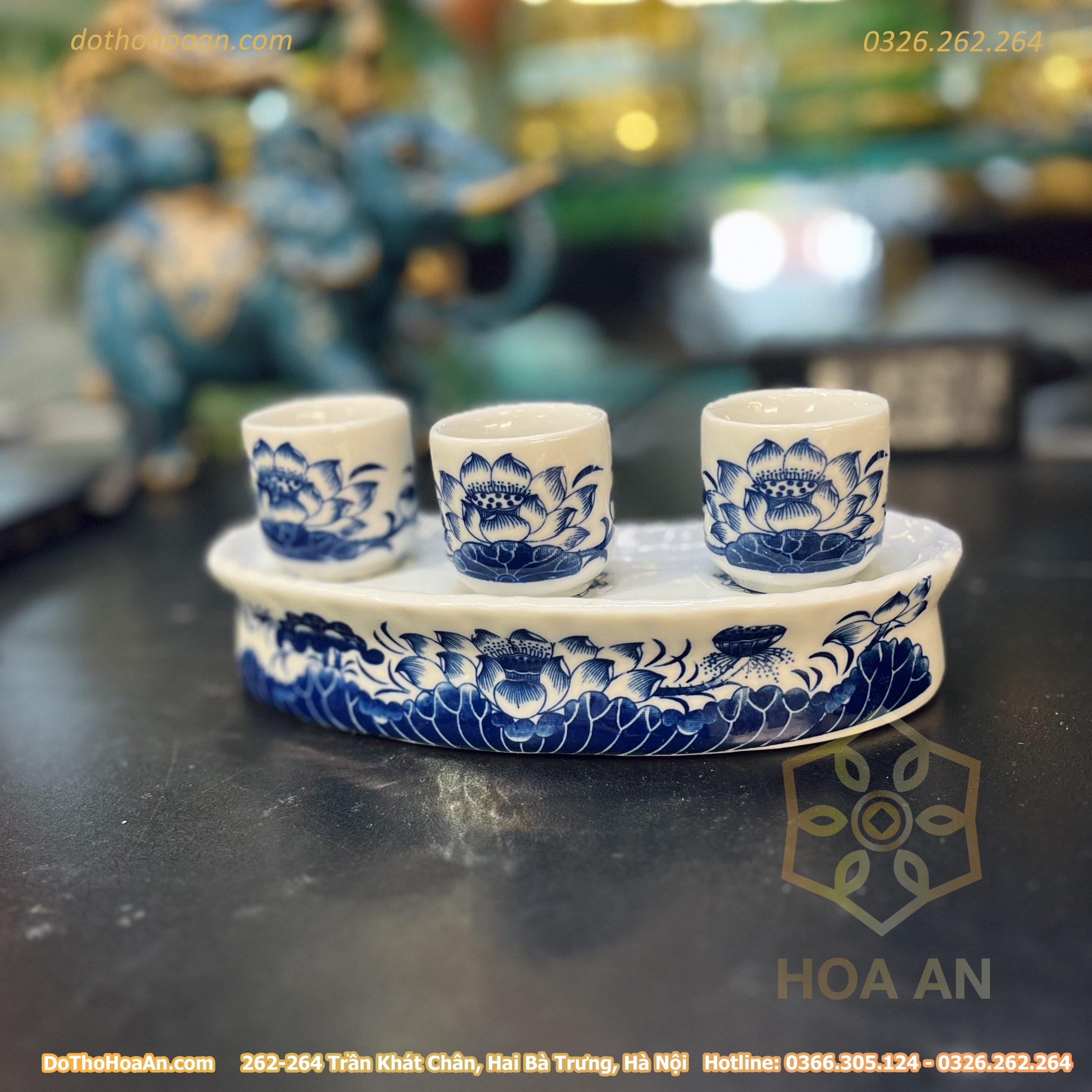 Khay/Kỷ Nước 3 Chén Hoa Sen Men Lam