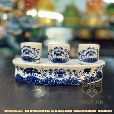 Khay/Kỷ Nước 3 Chén Hoa Sen Men Lam