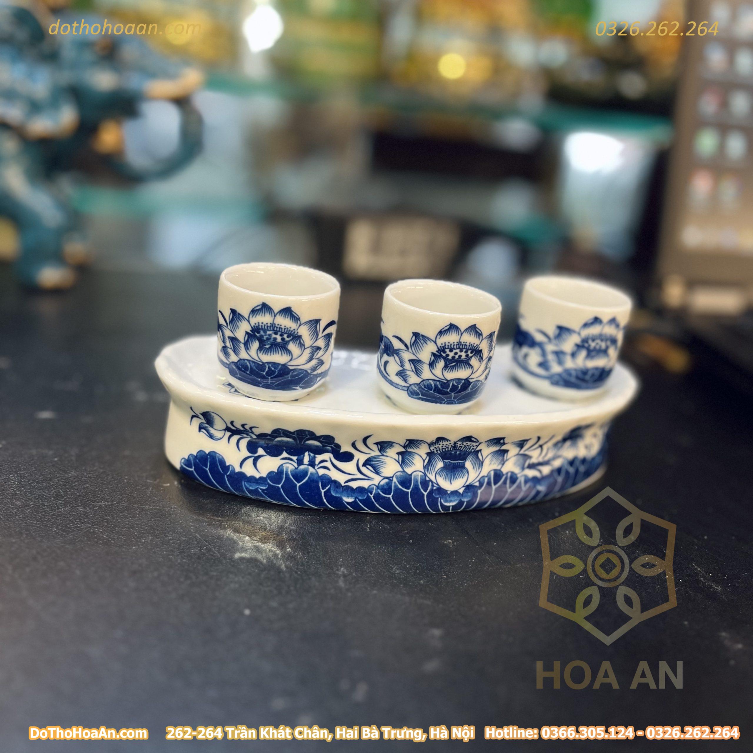 Khay/Kỷ Nước 3 Chén Hoa Sen Men Lam
