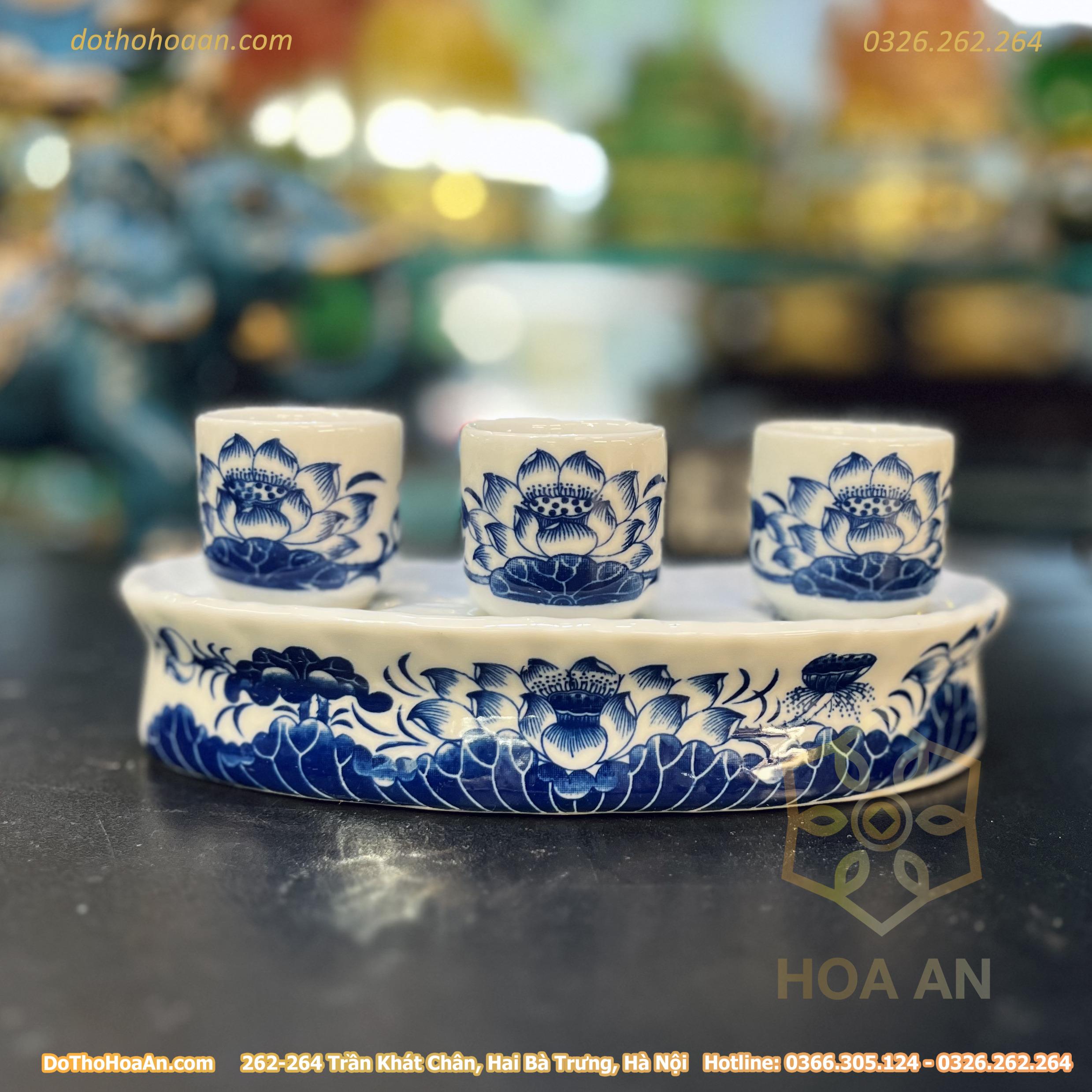 Khay/Kỷ Nước 3 Chén Hoa Sen Men Lam