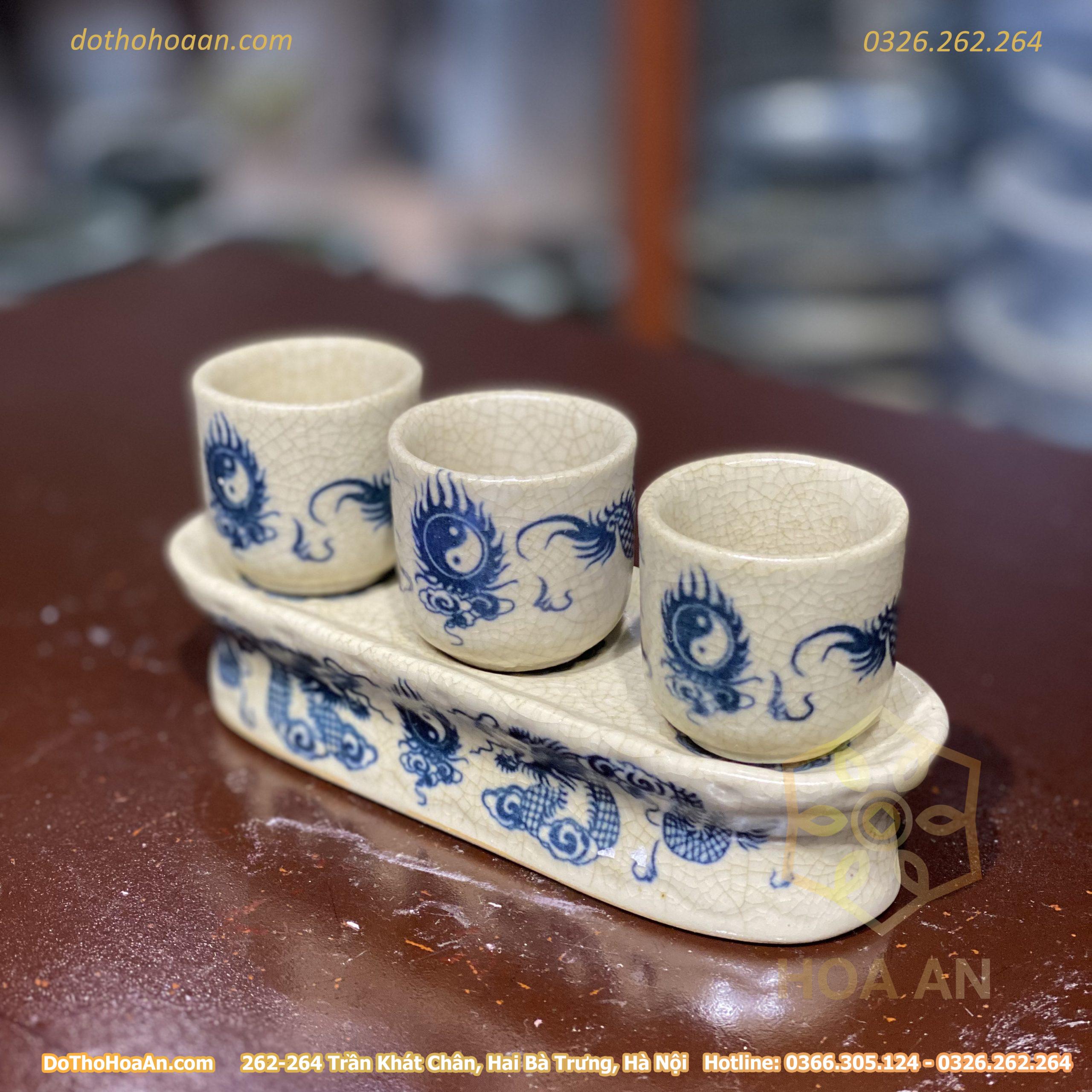 Kỷ/ Khay Nước 3 Chén Men Rạn Vẽ