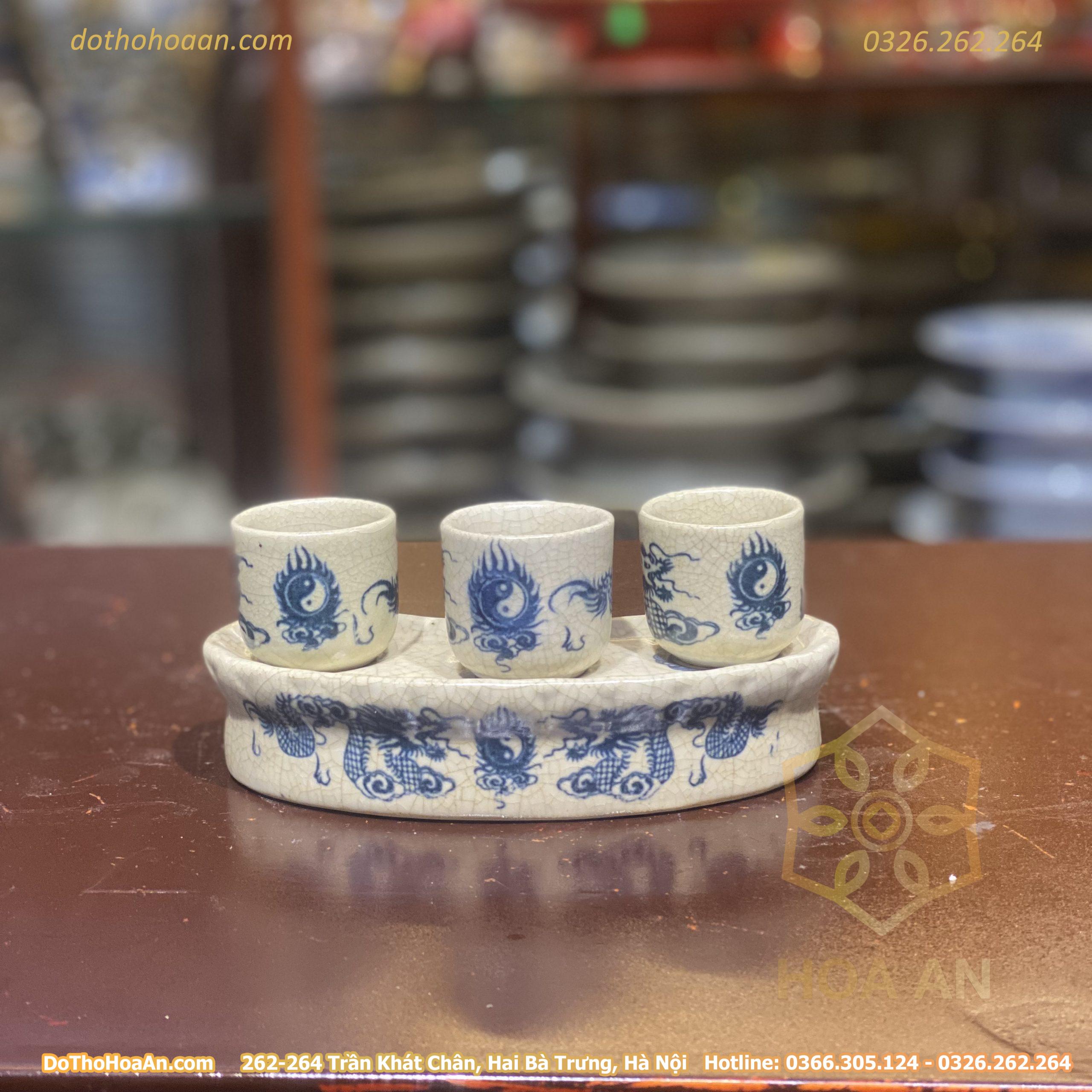 Kỷ/ Khay Nước 3 Chén Men Rạn Vẽ