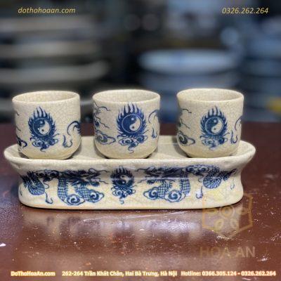 Kỷ/ Khay Nước 3 Chén Men Rạn Vẽ