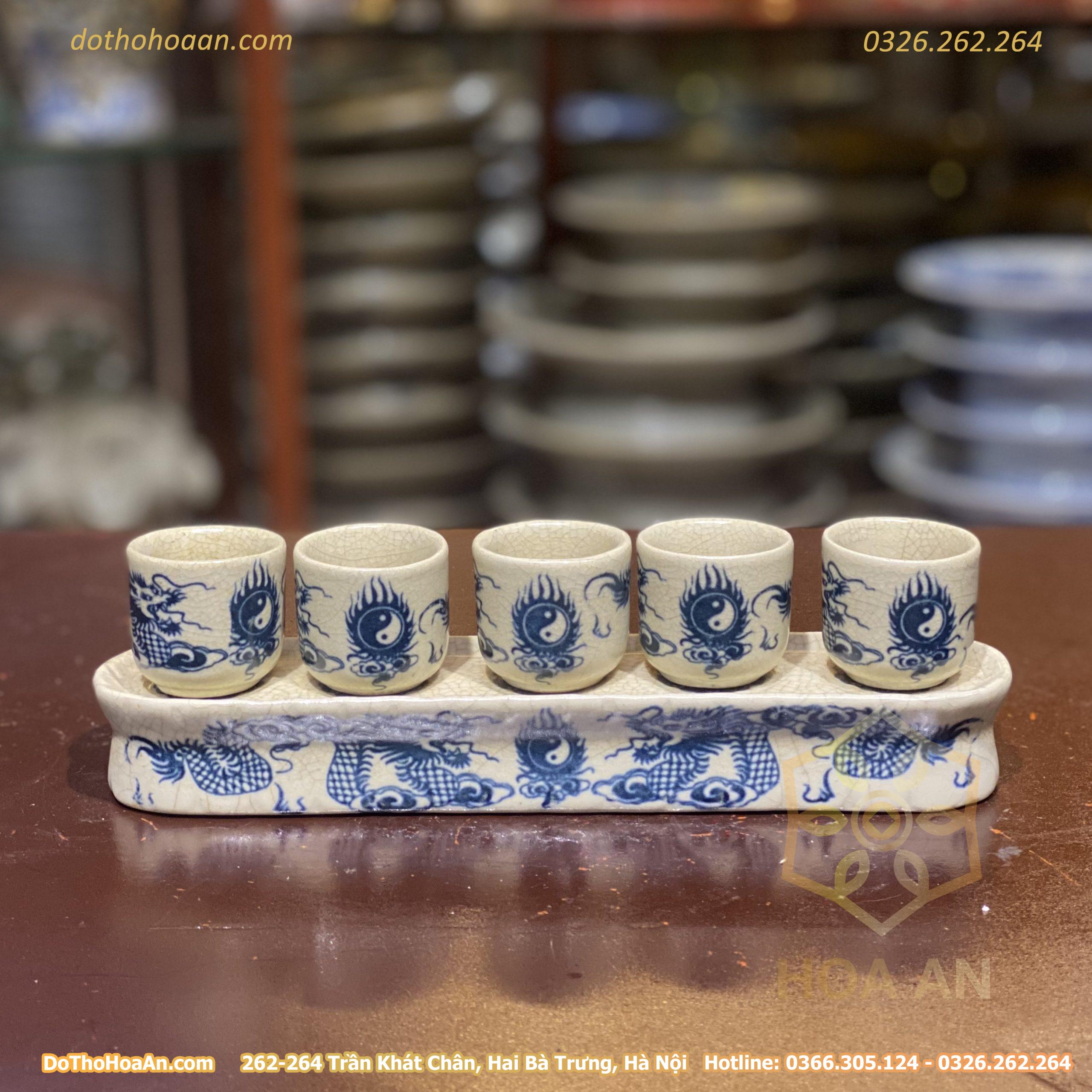 Kỷ/ Khay Nước 5 Chén Men Rạn Vẽ