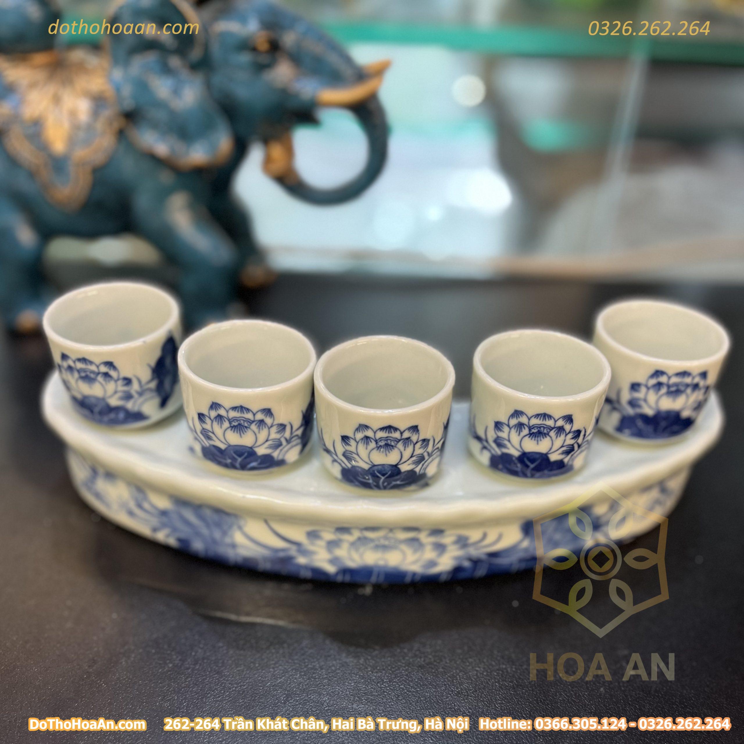 Kỷ/ Khay 5 Chén Nước Men Ngọc