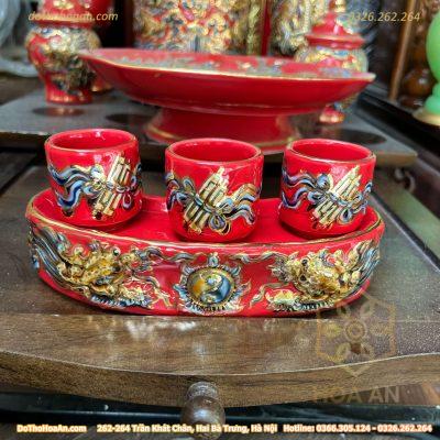 Kỷ/ Khay 3 Chén Men Đỏ Vẽ Vàng