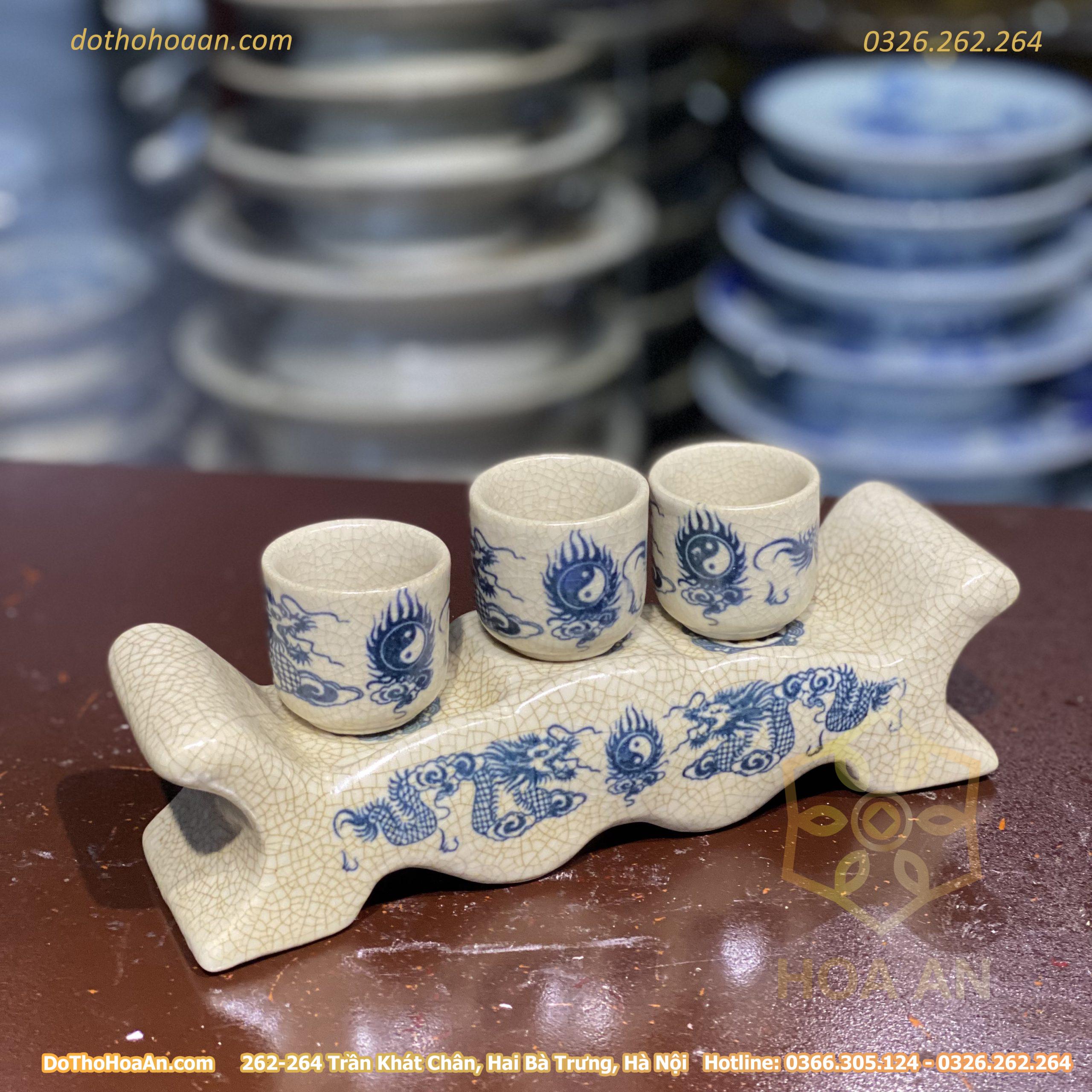 Kỷ Ngai Nước 3 Chén Men Rạn Vẽ