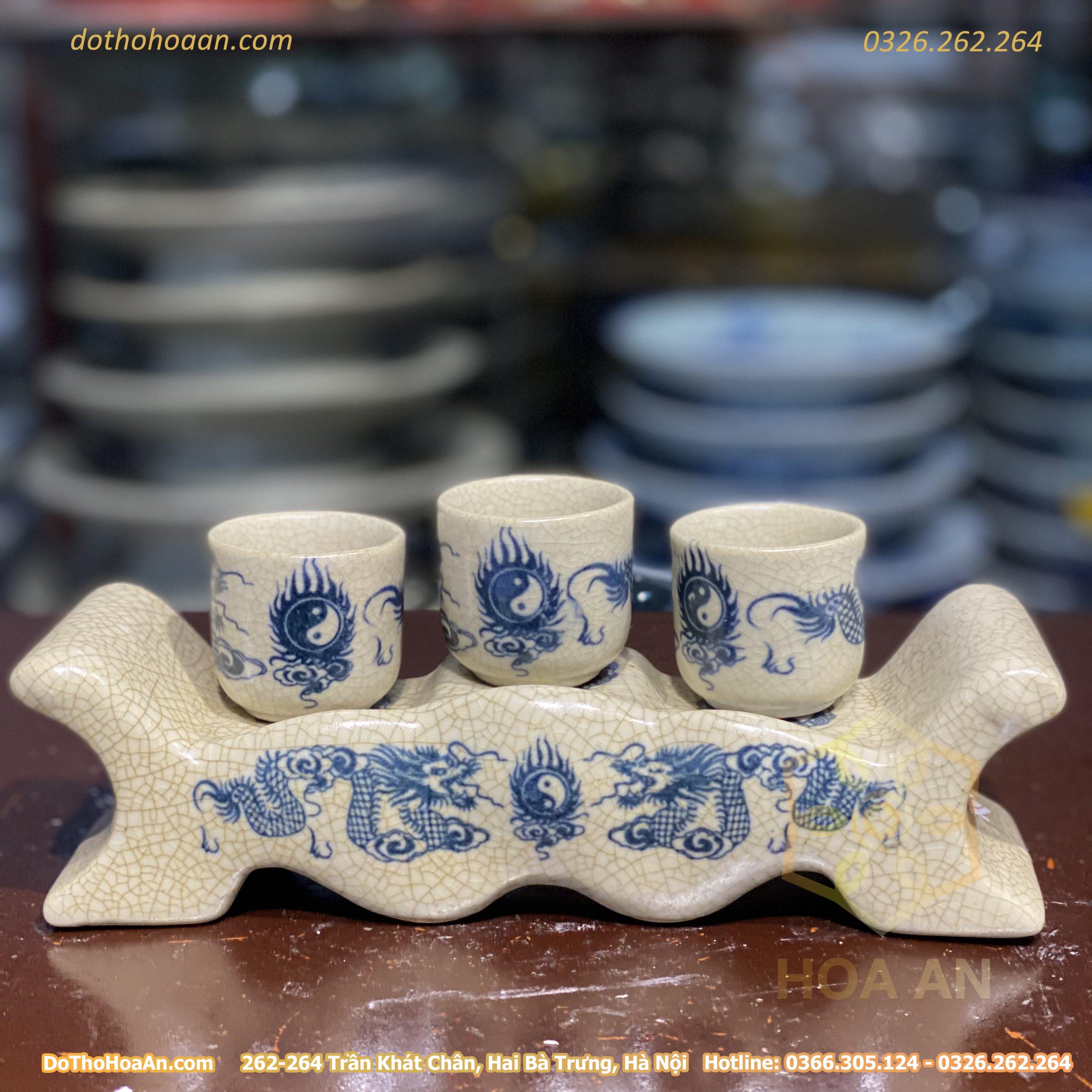 Kỷ Ngai Nước 3 Chén Men Rạn Vẽ