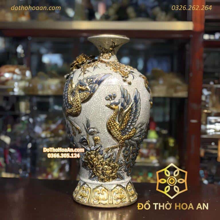 Mai Bình Hút Lộc Công Đào Men Rạn Vẽ Vàng 24K