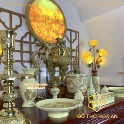 Bộ Đồ Thờ Thần Linh Men Vàng Ngà BĐTTLMV014