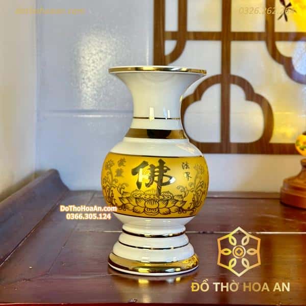 Lọ Hoa Sứ Bát Nhã Chữ Phật Tâm Kinh Vàng Đài Loan