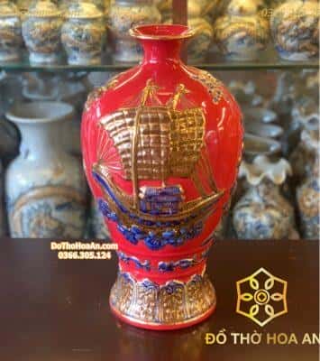 Bình Hút Lộc Thuận Buồm Xuôi Gió Men Đỏ Vẽ Vàng 24K