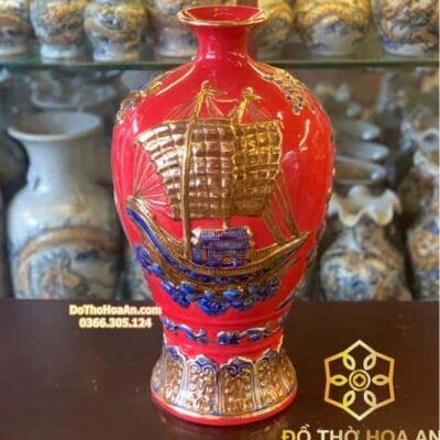 Bình Hút Lộc Thuận Buồm Xuôi Gió Men Đỏ Vẽ Vàng 24K