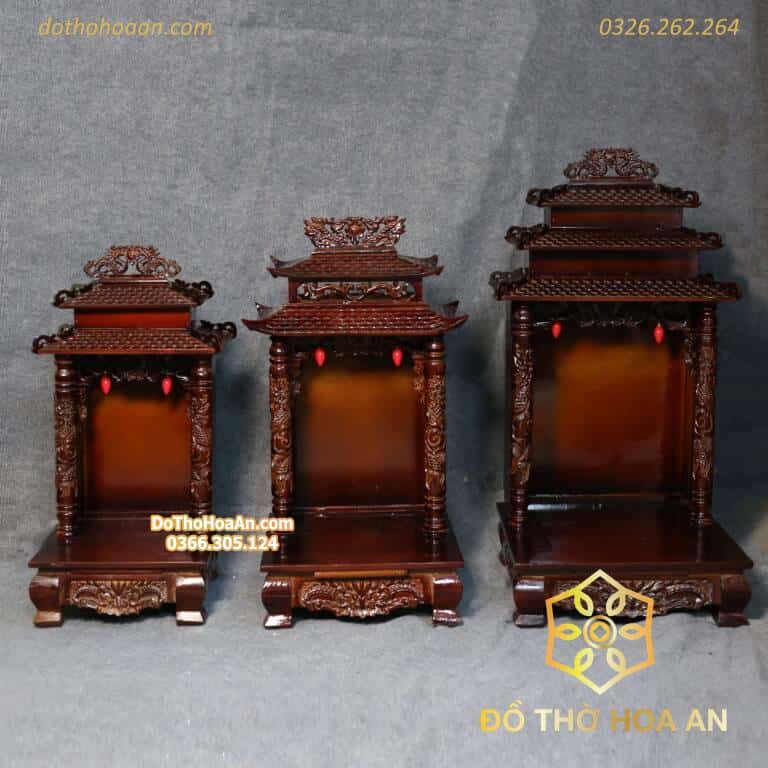 Bàn Thờ Thần Tài Gỗ Xoan 2 Mái Chùa Màu Nâu