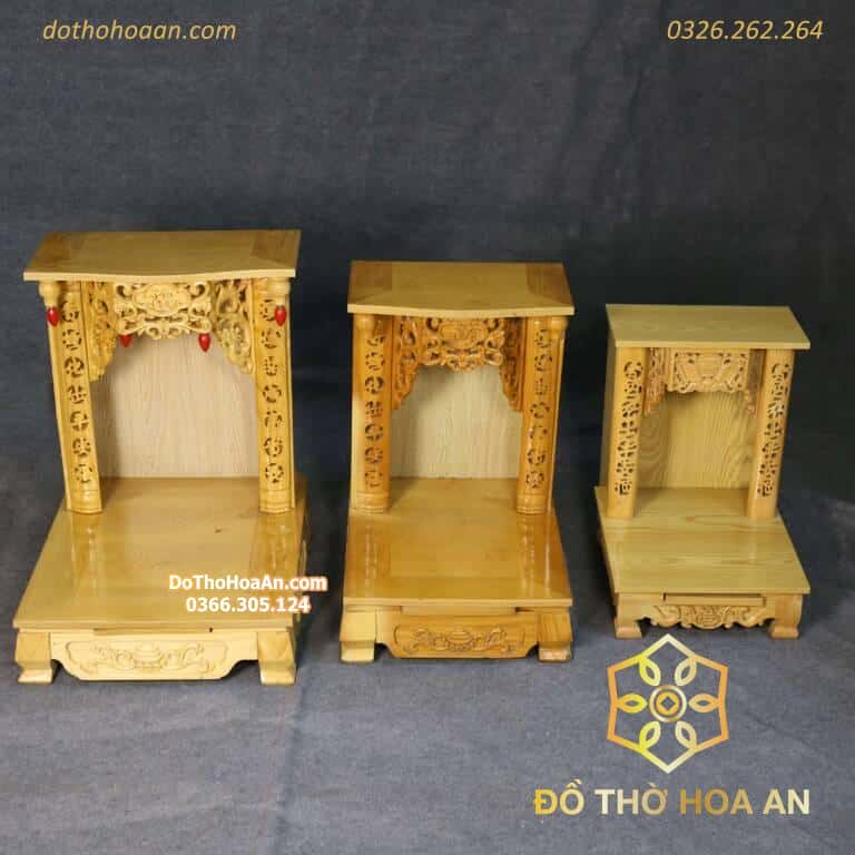 Ban Thờ Thần Tài Thổ Địa Gỗ Xoan Chân Qùy Mái Bằng Màu Vàng
