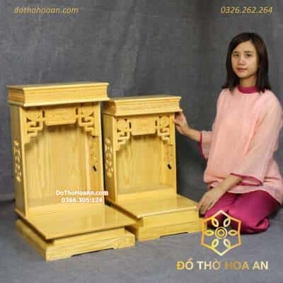 Bàn Thờ Thần Tài Hiện Đại Gỗ Sồi Triện Sen Màu Vàng