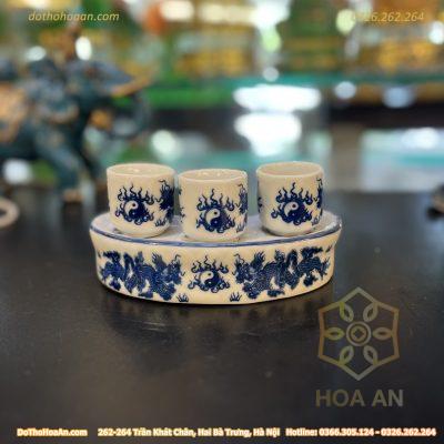 Khay/ Kỷ 3 Chén Nước Rồng Cong Men Lam