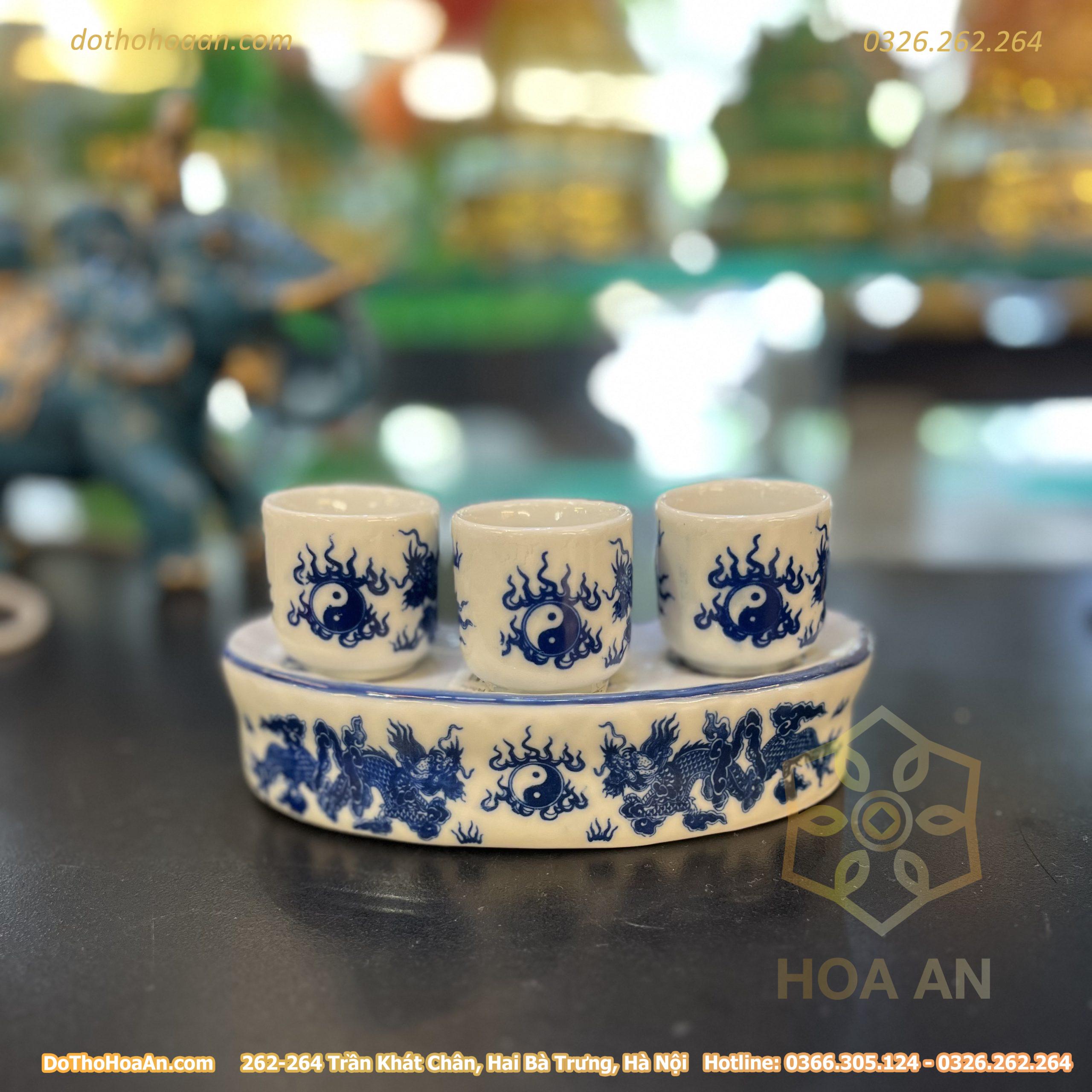 Khay Kỷ 3 Chén Nước Rồng Cong Men Lam Khay/ Kỷ 3 Chén Nước Rồng Cong Men Lam