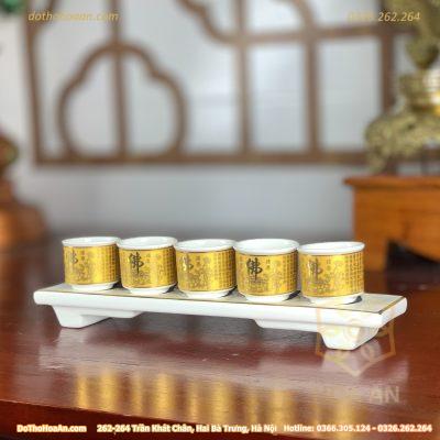Khay/ Kỷ 5 Chén Sứ Bát Nhã Tâm Kinh Vàng