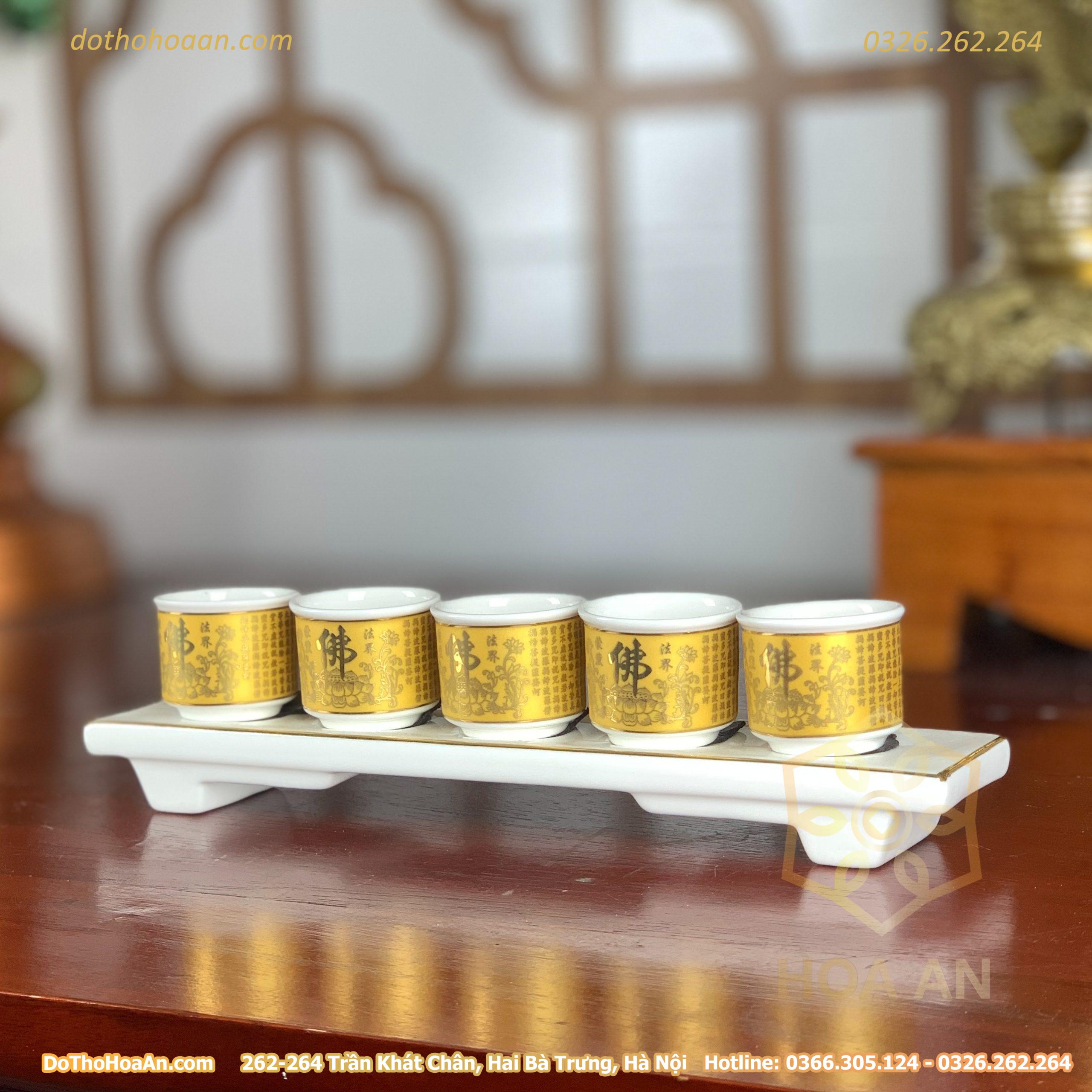 Khay/ Kỷ 5 Chén Sứ Bát Nhã Tâm Kinh Vàng