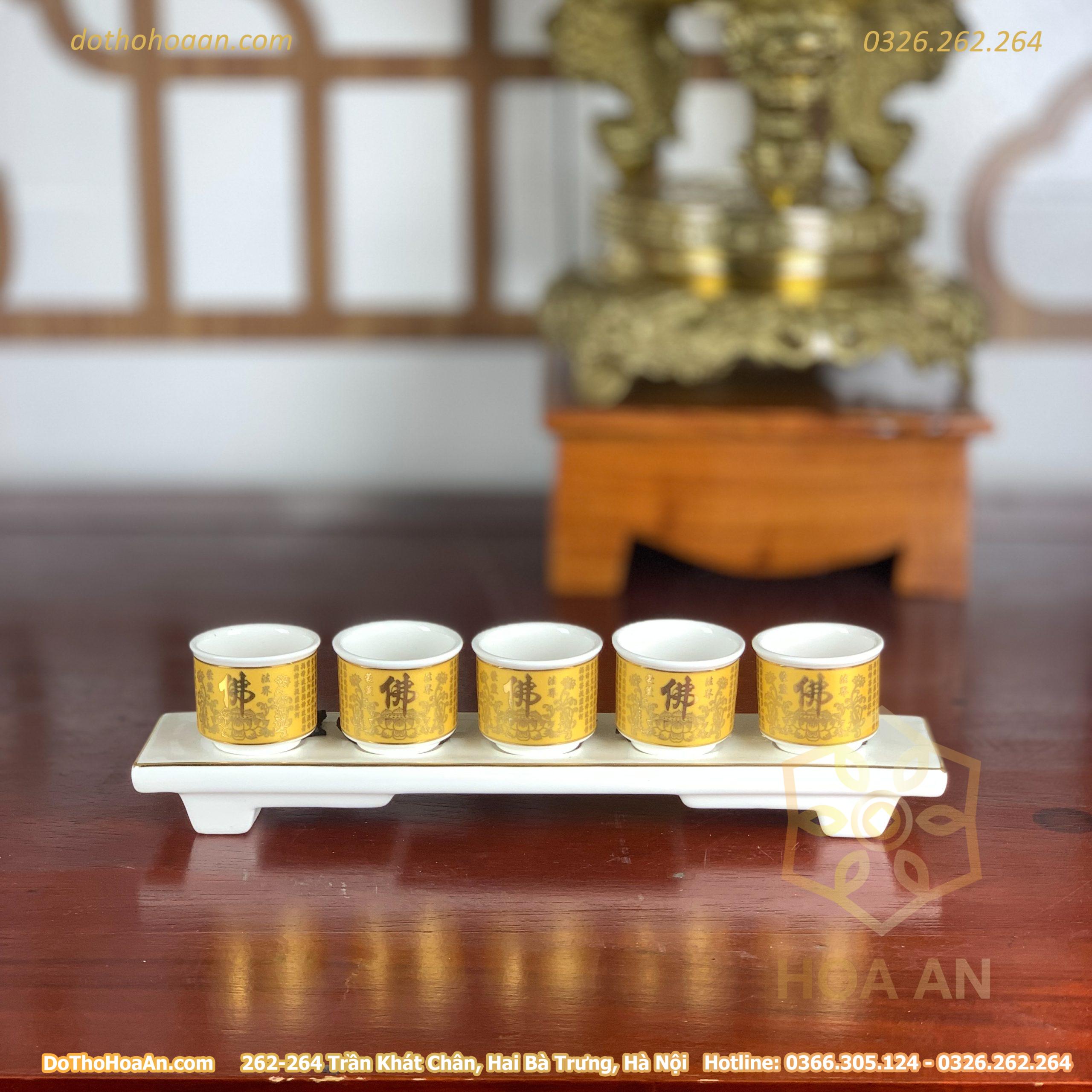 Khay/ Kỷ 5 Chén Sứ Bát Nhã Tâm Kinh Vàng
