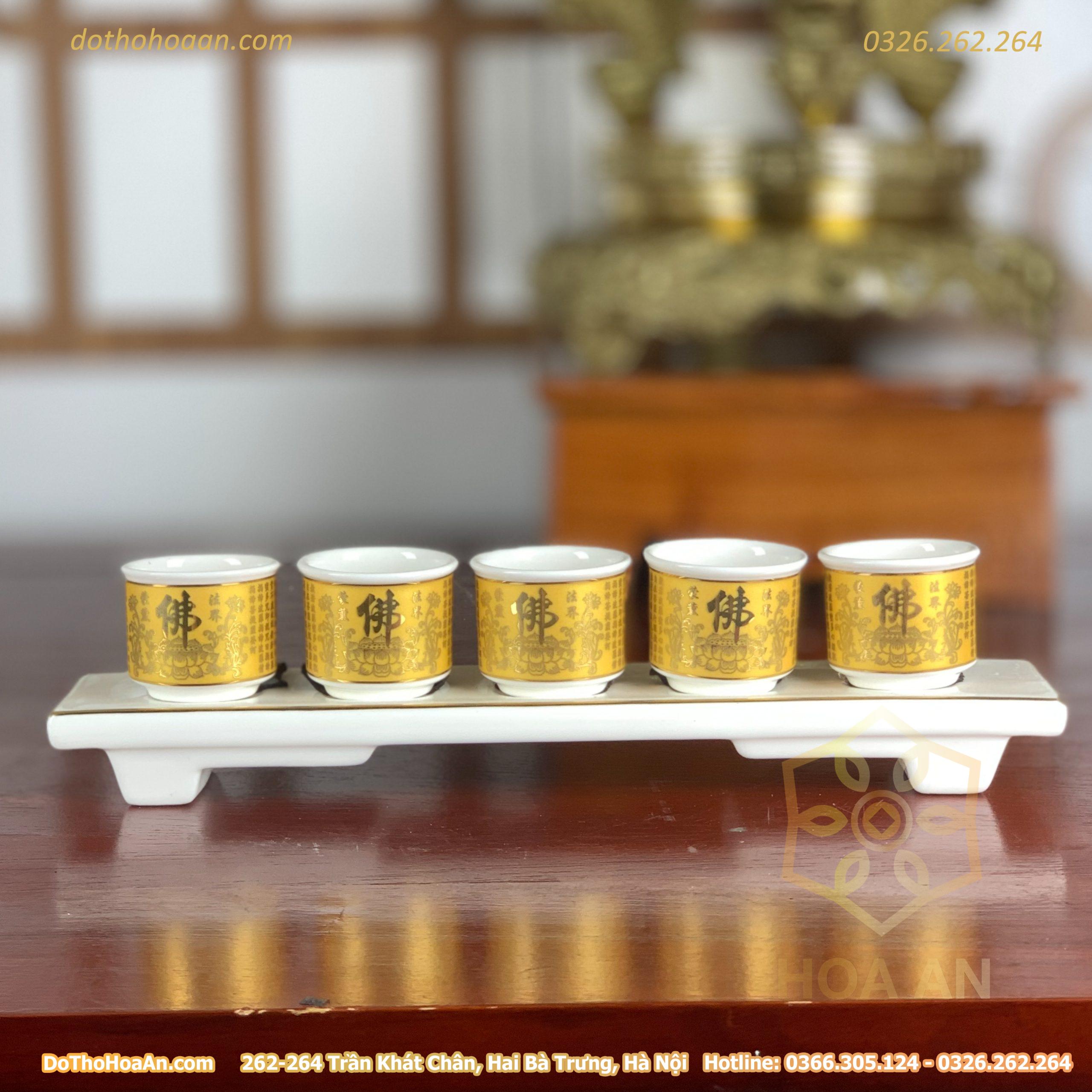Khay/ Kỷ 5 Chén Sứ Bát Nhã Tâm Kinh Vàng
