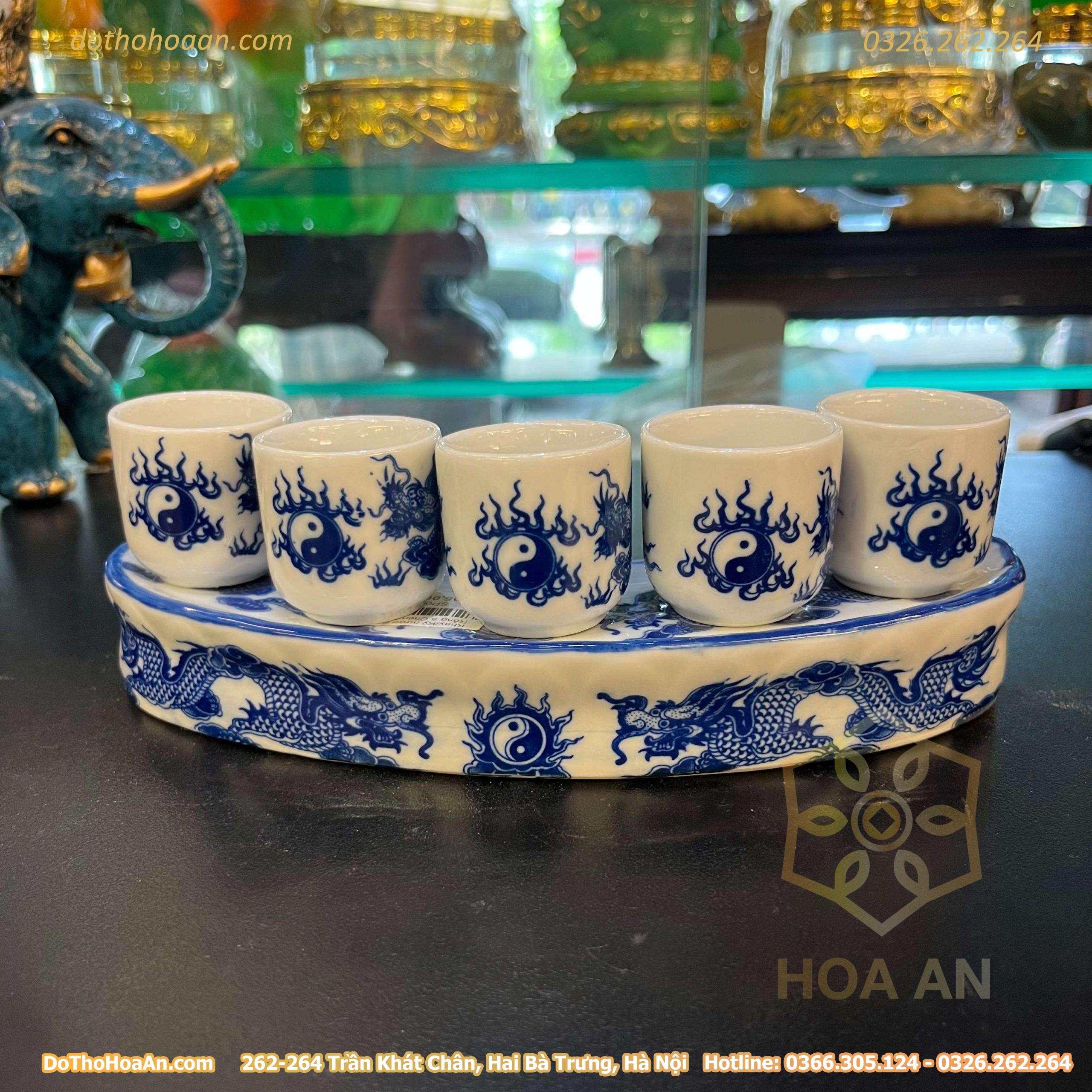 Khay/Kỷ nước Bát Tràng Rồng 5 Chén Men Lam