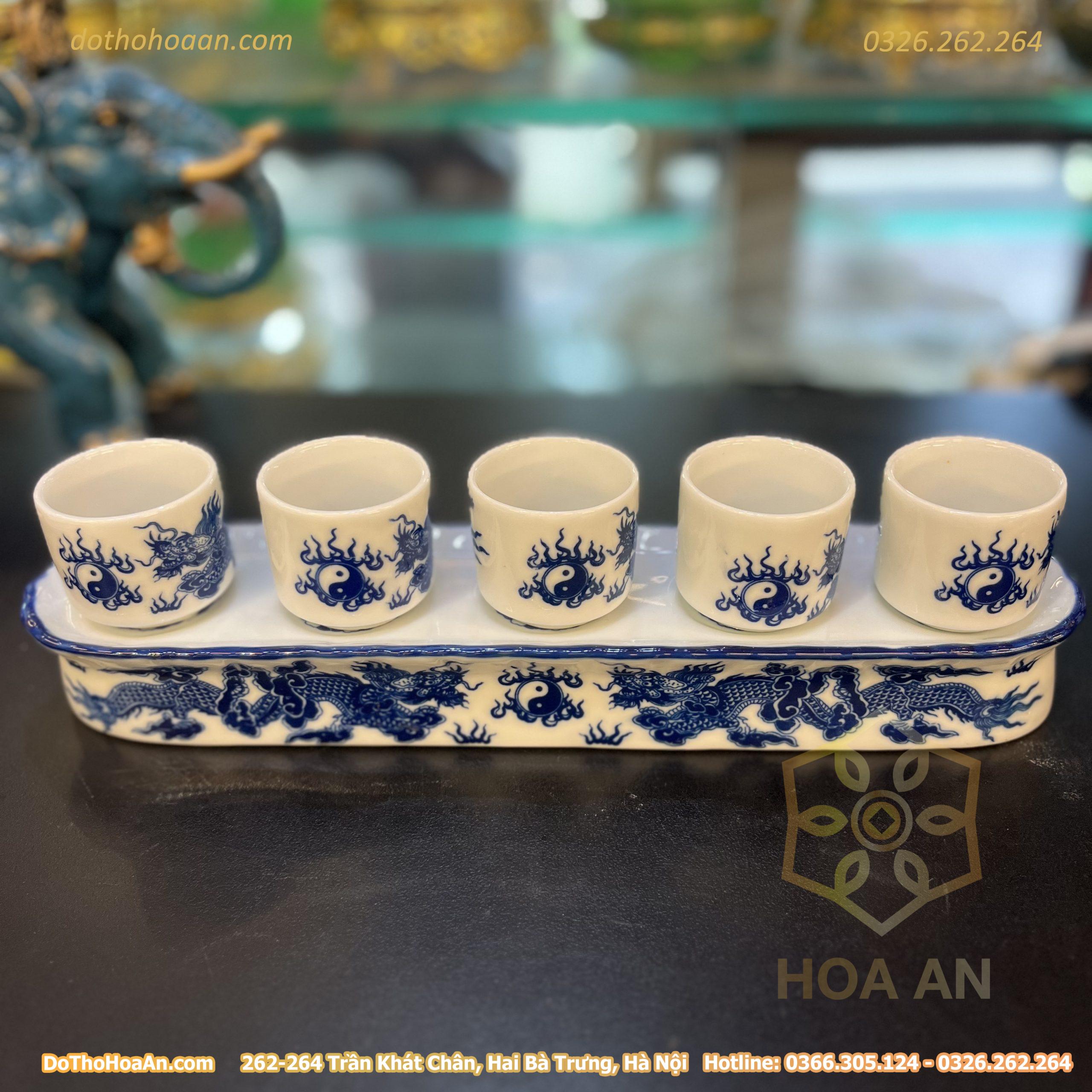 Khay/Kỷ nước Bát Tràng Rồng 5 Chén Men Lam