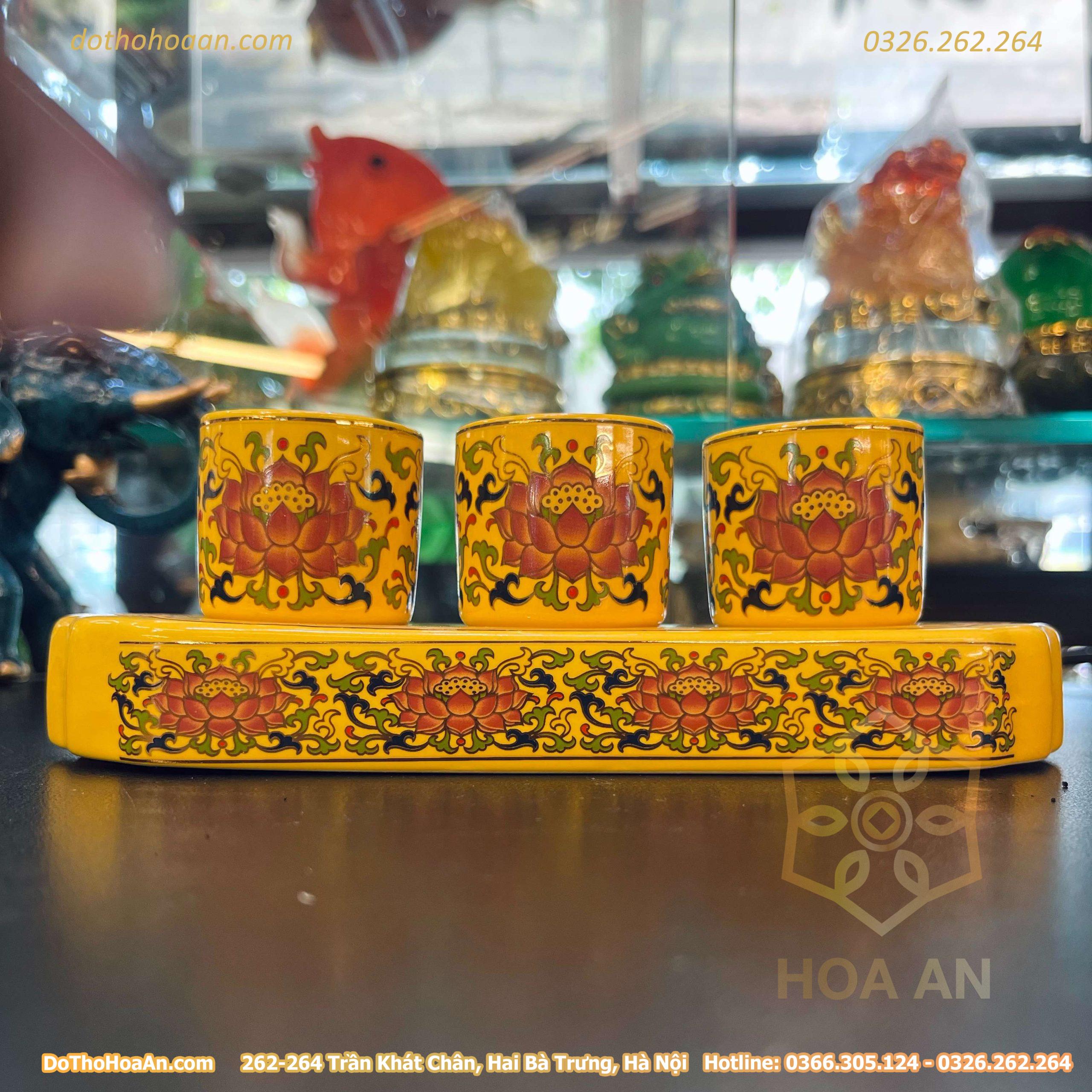 Khay Nước 3 Chén Gấm Vàng